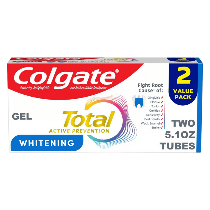 Colgate Total Whitening toothpaste packaging on a white background